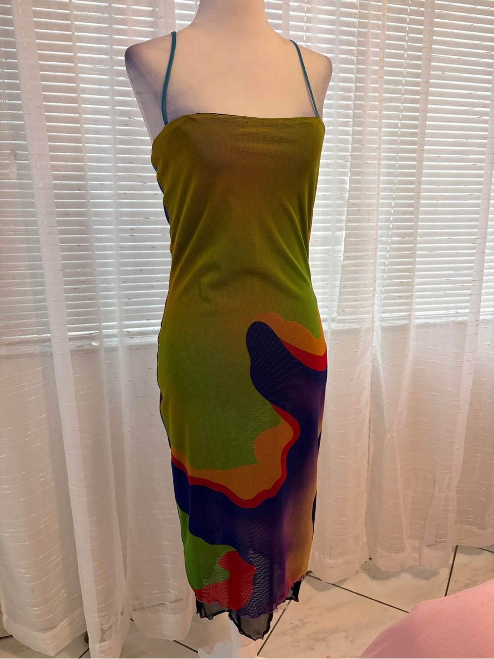 Dolls Kill Olive Green Slip Dress with Multicolor Abstract Print